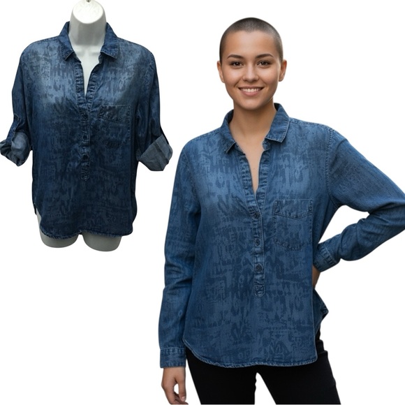 cloth & stone Tops - Cloth & Stone Blue Tencel Roll Tab 3/4 Button Pullover Shirt - Women’s XS